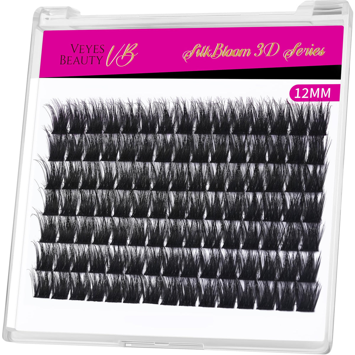 VEYESBEAUTY front packaging showing 12mm clusters and reusable tray benefit