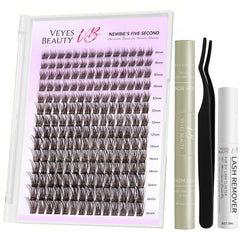 VEYESBEAUTY front packaging showing brown lash clusters and contents, clear benefit of organized kit