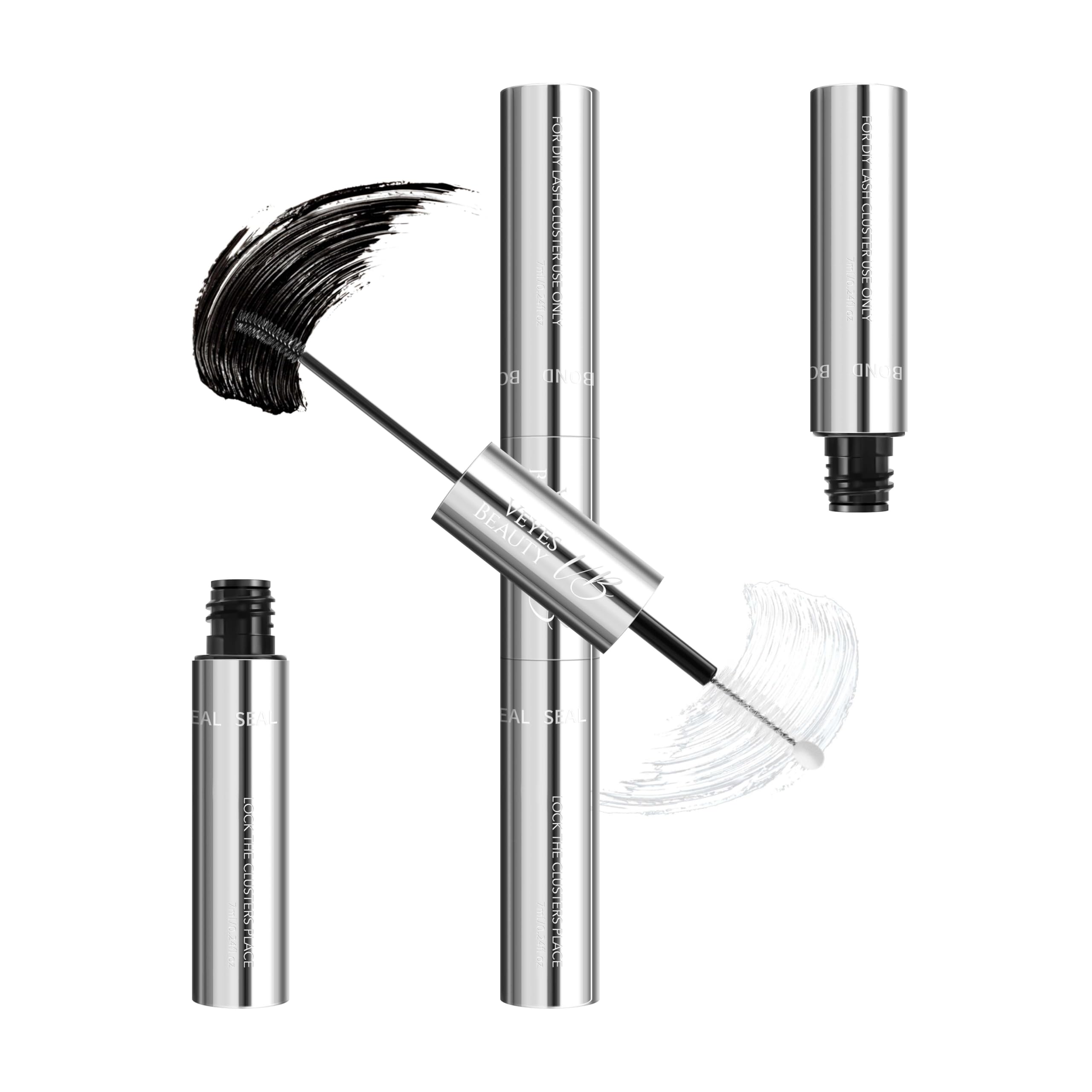 VEYESBEAUTY front packaging showing dual-ended lash bond and seal, quick application benefit