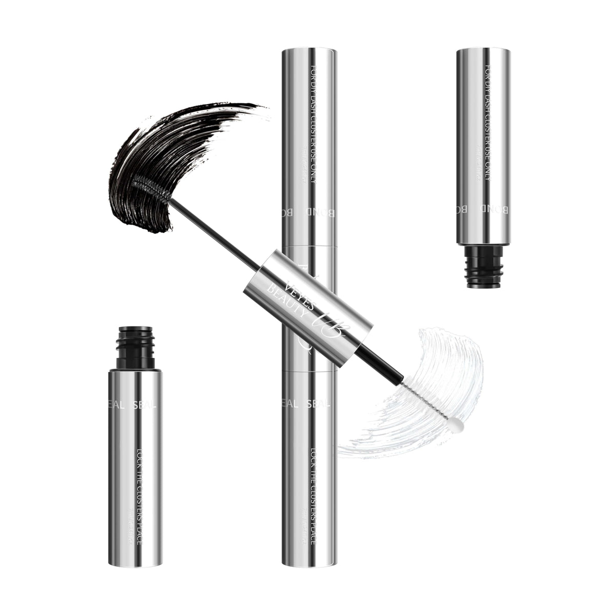 VEYESBEAUTY front packaging showing dual-ended lash bond and seal, quick application benefit