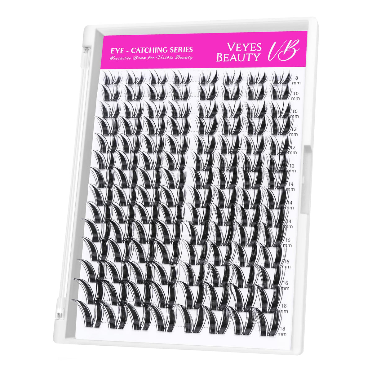 VEYESBEAUTY front packaging showing mixed-length cluster tray and benefits