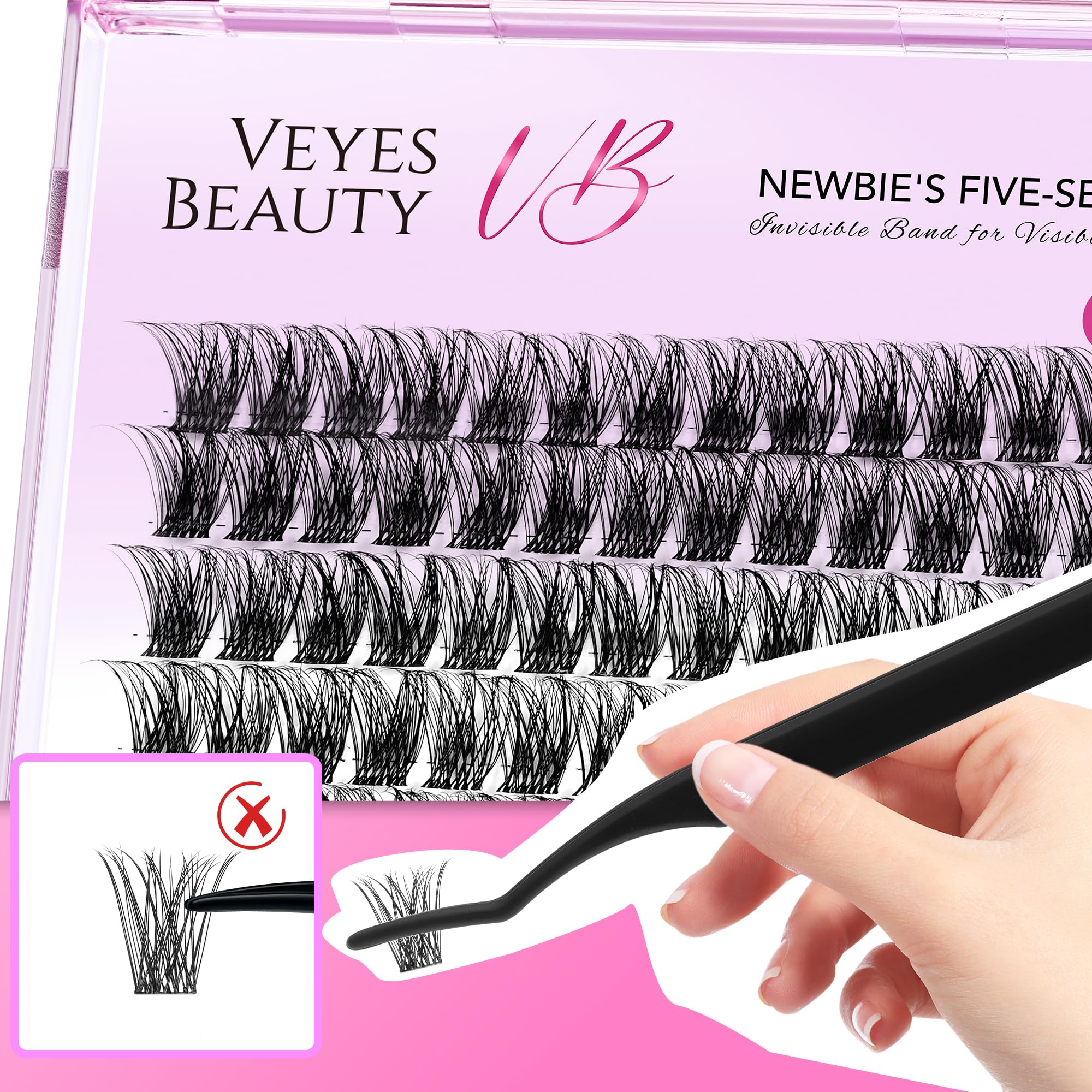 VEYESBEAUTY clusters next to fingers for size comparison, clear 12mm scale