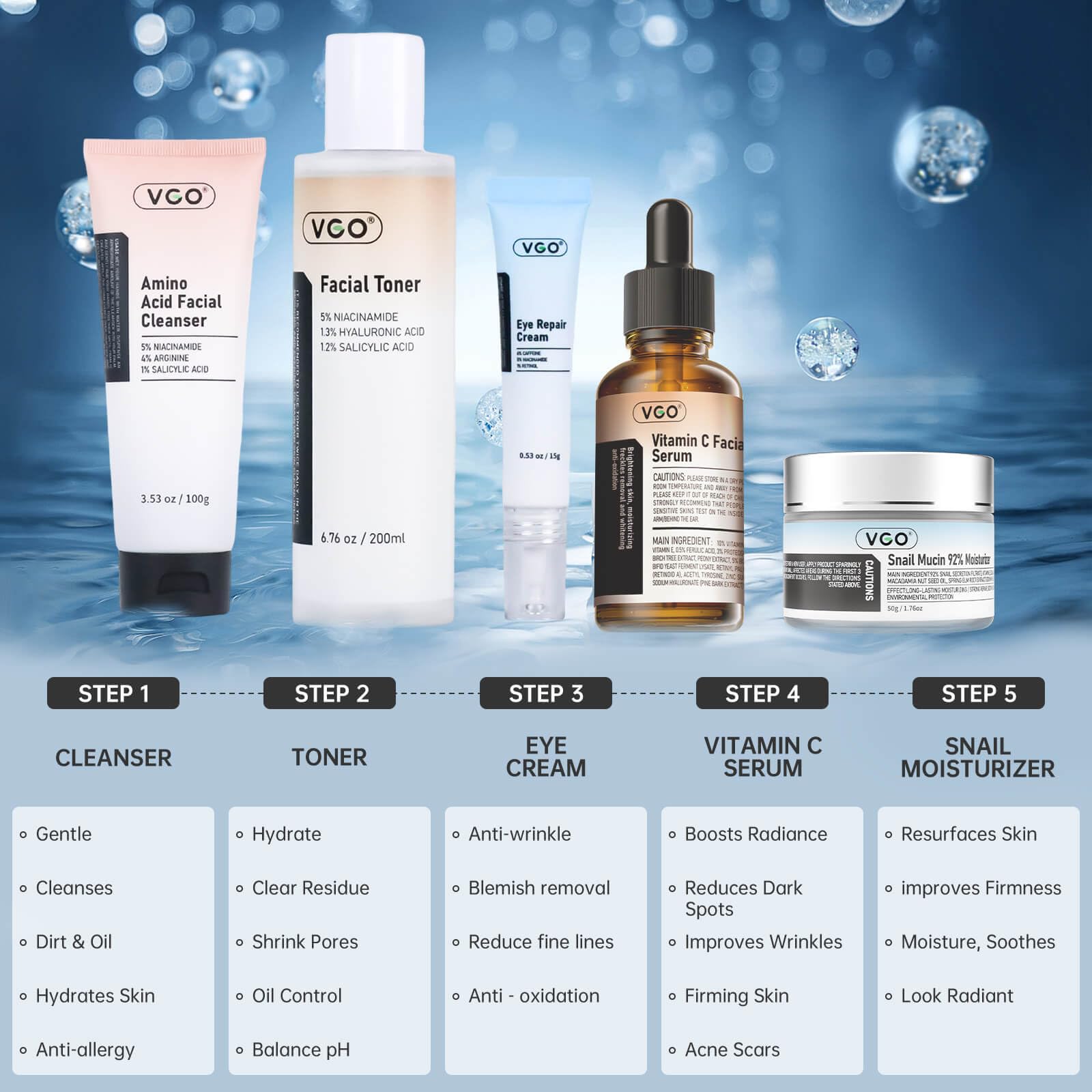 VGO vitamin C serum dropper releasing brightening serum for radiance
