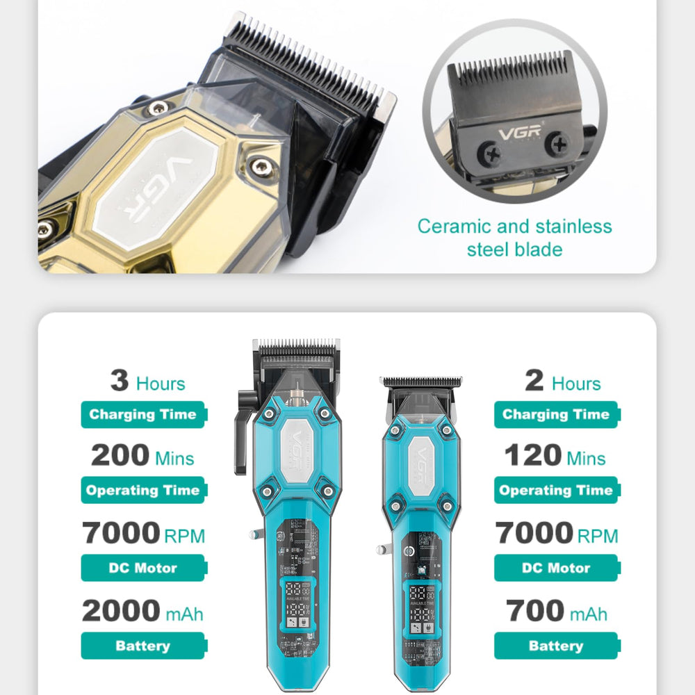 VGR full accessory layout with guide combs and cape for complete haircutting convenience