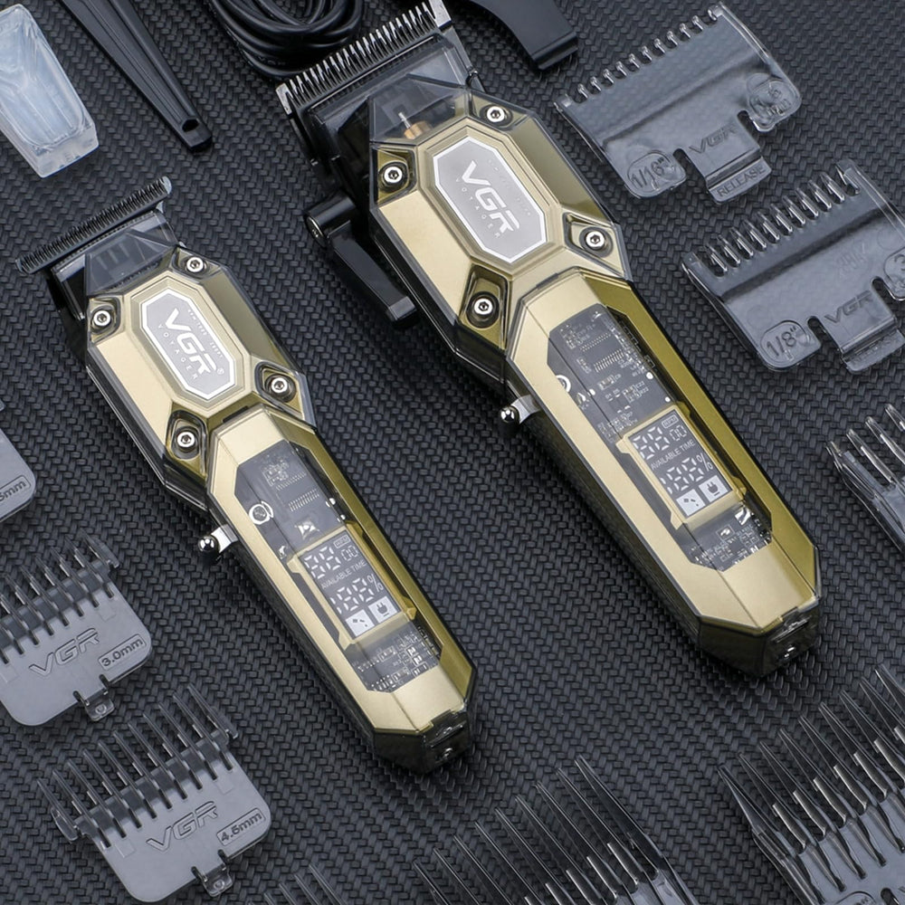 VGR hair clipper in use on model illustrating smooth cutting and professional results