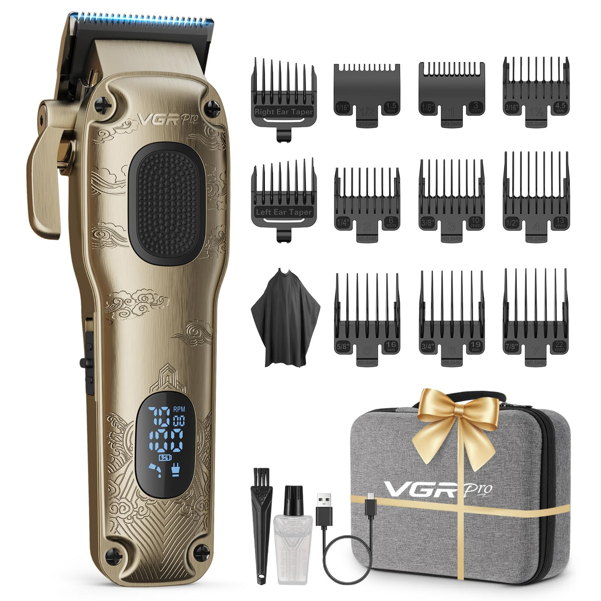 VGRPRO front view of clipper and combs showing professional readiness and versatility