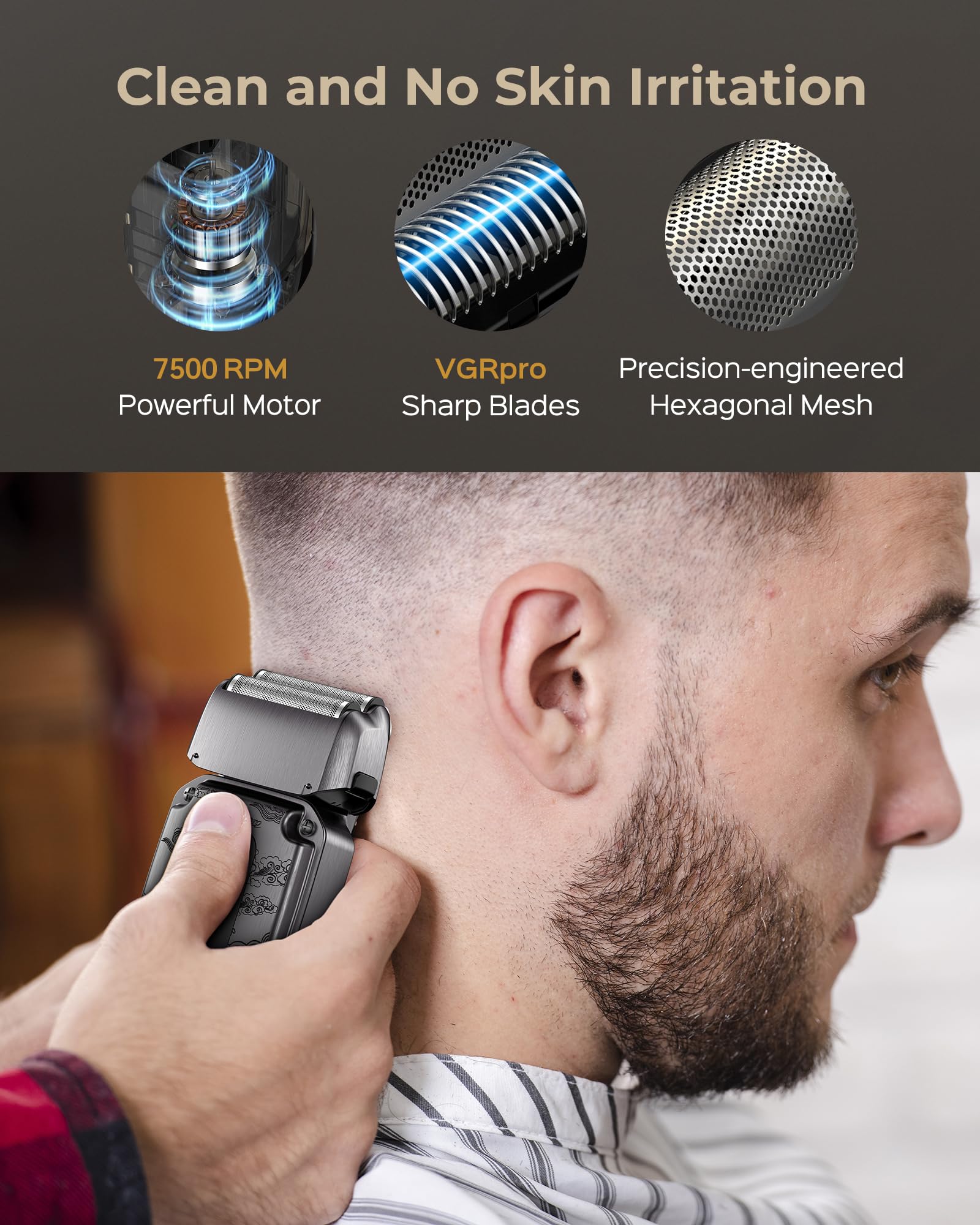 VGRPRO in-hand scale showing cordless clipper size and ergonomic grip benefit