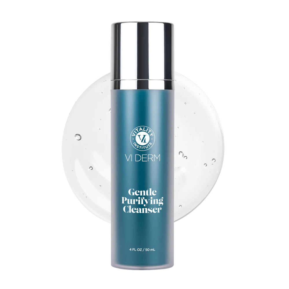 VI DERM front bottle showing cleanser packaging and clear product benefits