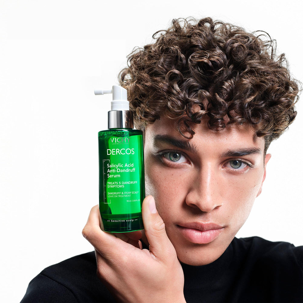 VICHY Dercos serum applied with dropper to scalp for targeted relief and quick absorption