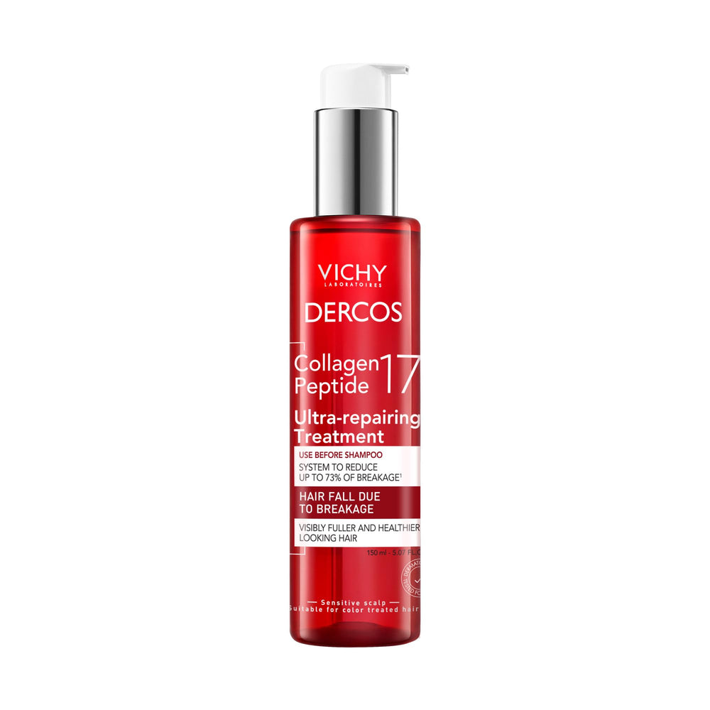 VICHY front packaging of Dercos pre-shampoo treatment shows product clarity and benefit