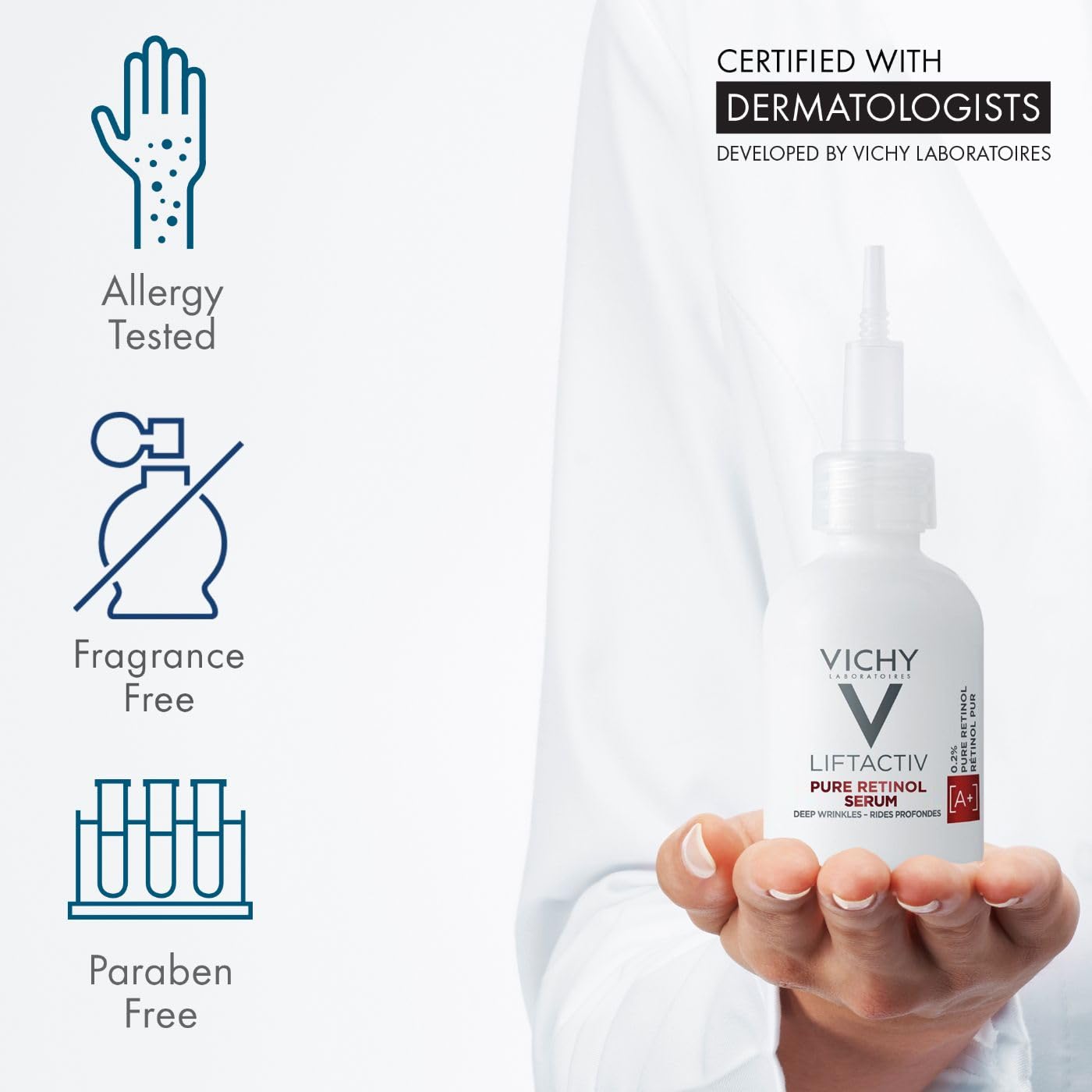 VICHY label close-up listing retinol and peptides, highlighting active ingredients benefit