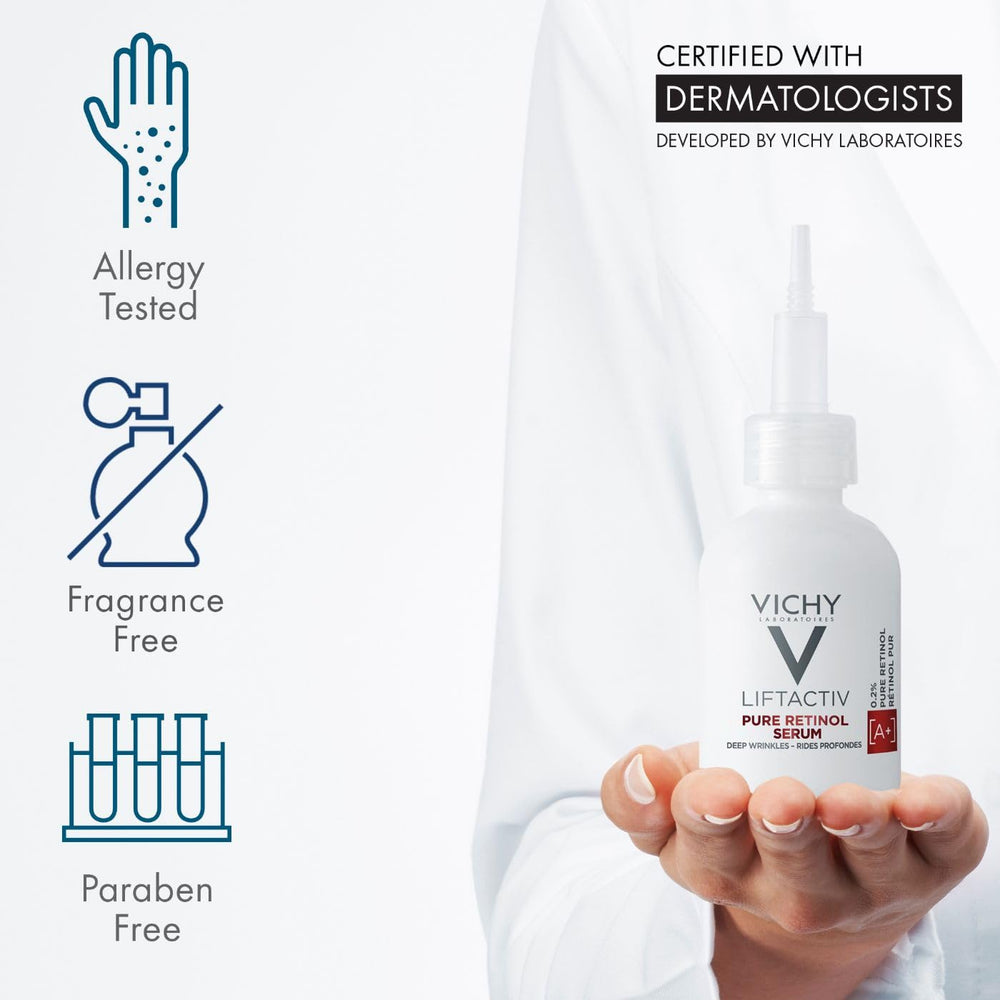 VICHY label close-up listing retinol and peptides, highlighting active ingredients benefit