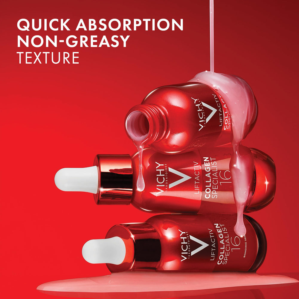 VICHY serum in hand drop, illustrating amount control and non-greasy feel