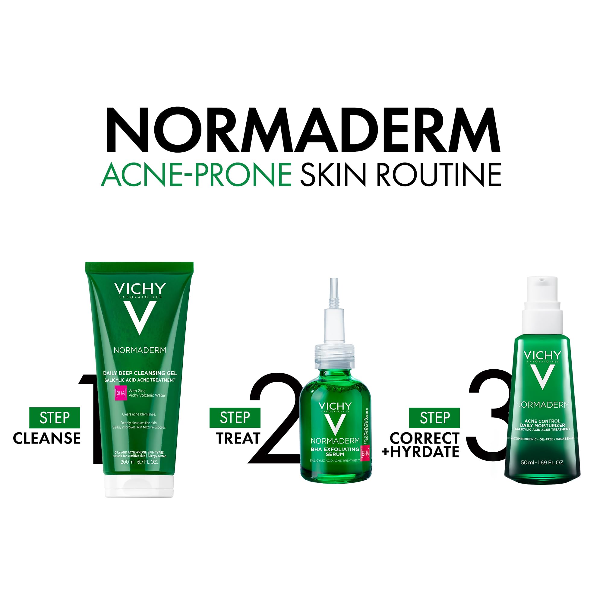 VICHY Normaderm bottle beside sunscreen showing daytime routine compatibility