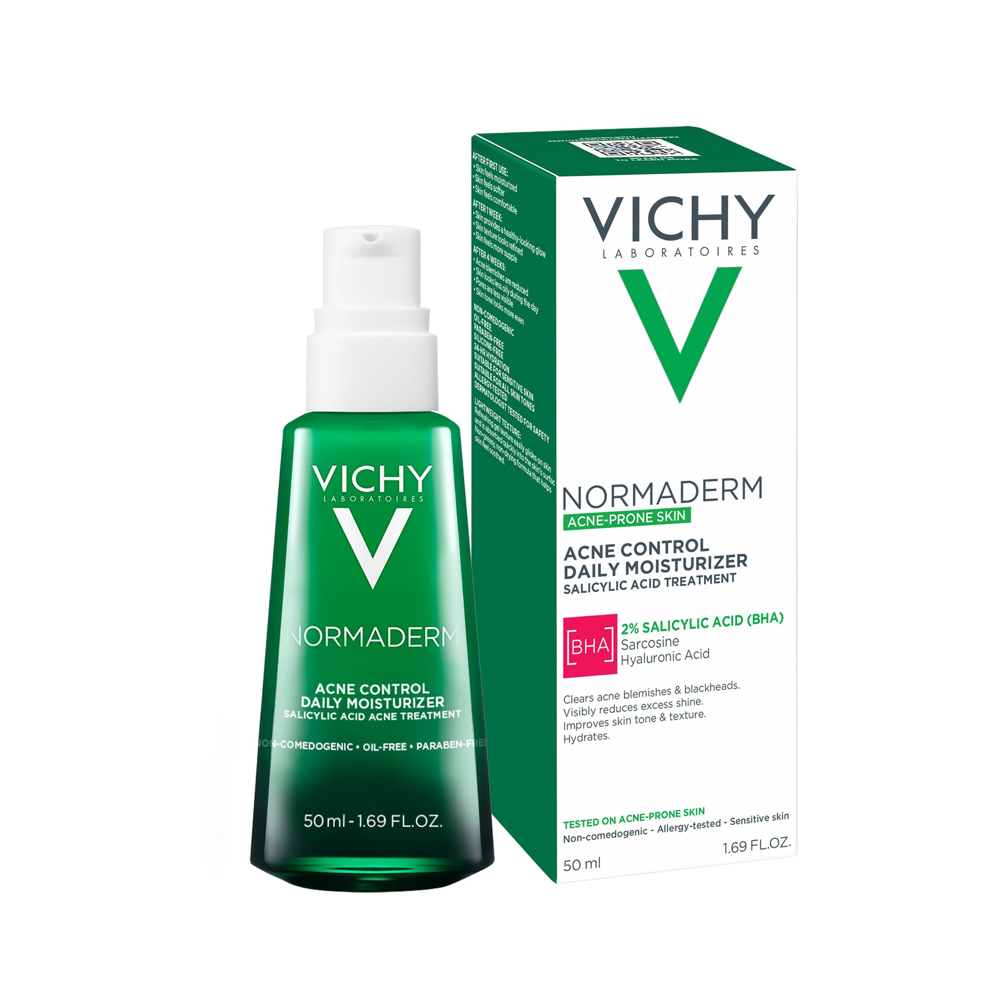 VICHY Normaderm label and certifications showing dermatologist-tested, non-comedogenic claim