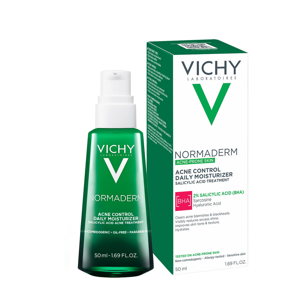 VICHY Normaderm label and certifications showing dermatologist-tested, non-comedogenic claim