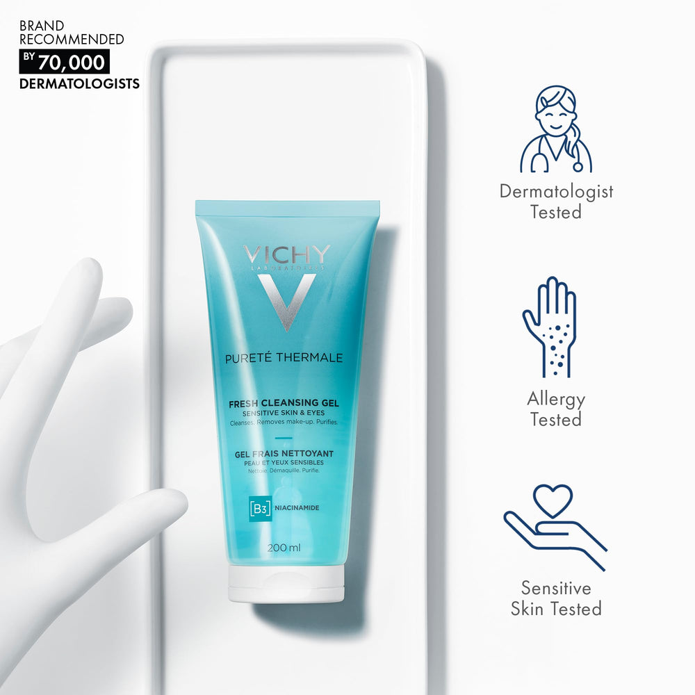 VICHY gel texture on hand highlighting lightweight niacinamide formula
