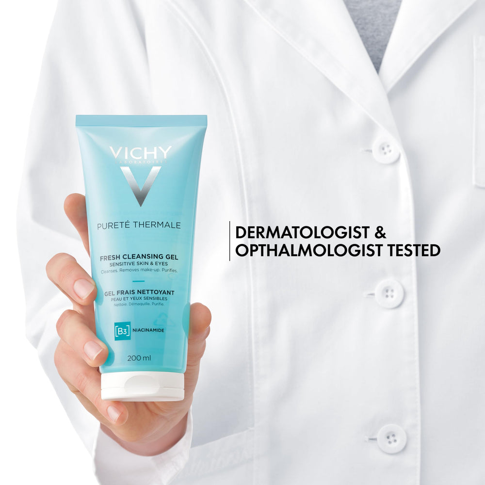 VICHY cleanser staged in bathroom routine showing daily usage benefit