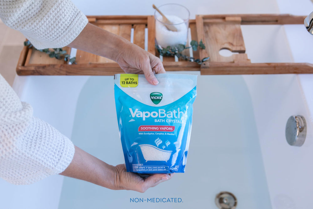 Vicks bath in use with steam showing calming aromatherapy benefit