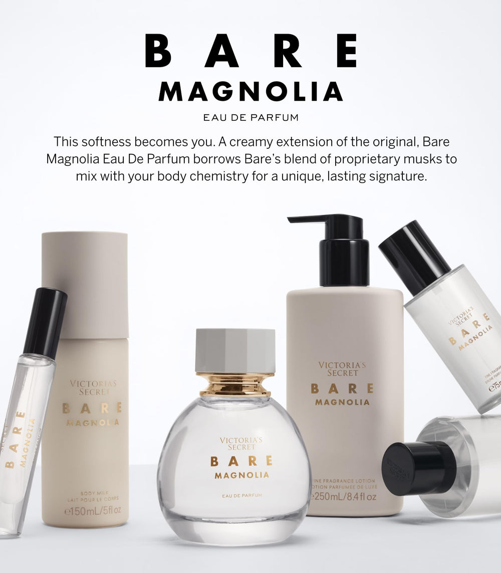 Victoria's Secret Bare Magnolia next to everyday items showing 8.4 oz travel-friendly size