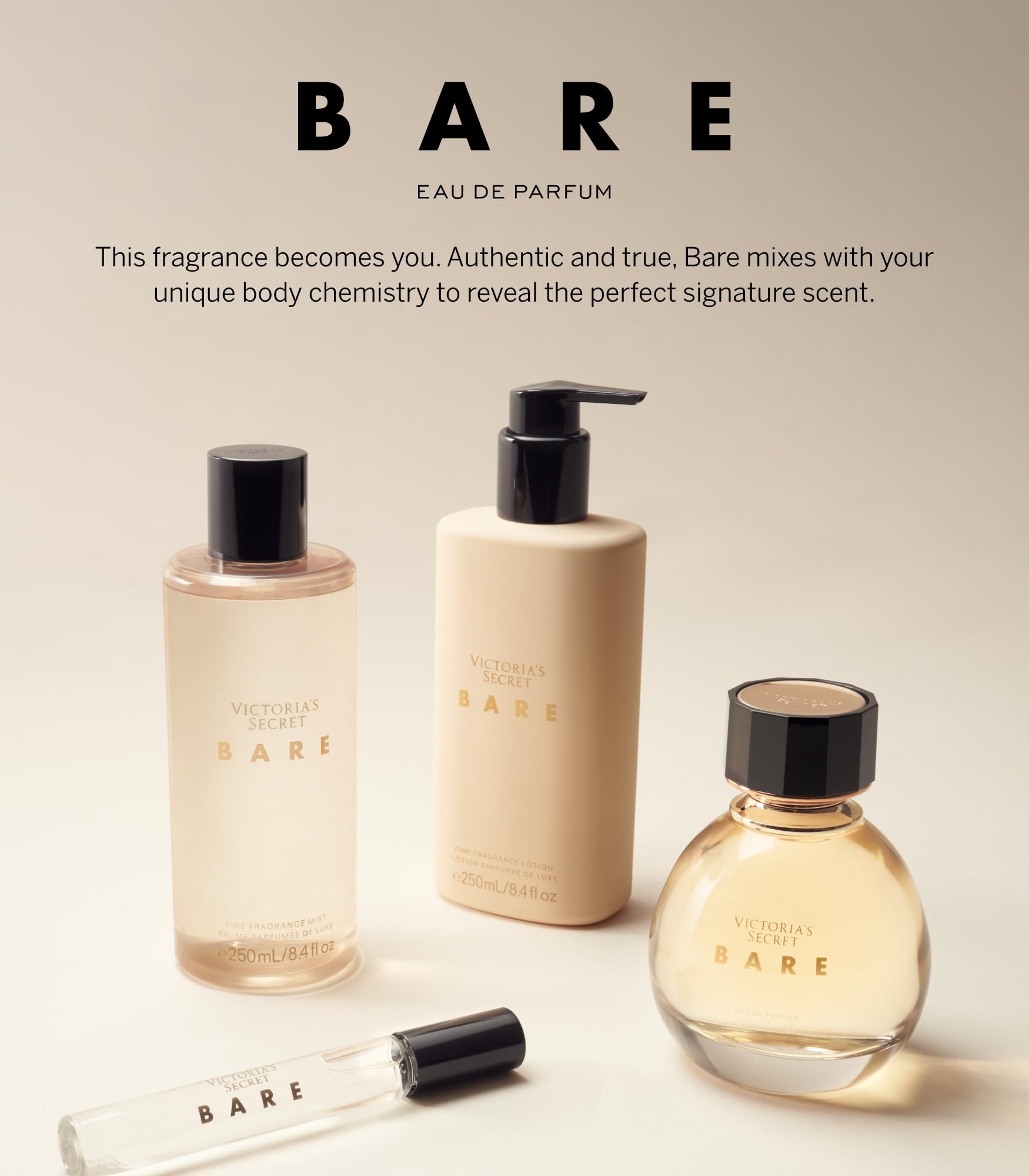 Victoria's Secret Bare in a travel bag by a suitcase illustrating on-the-go refresh and packing practicality