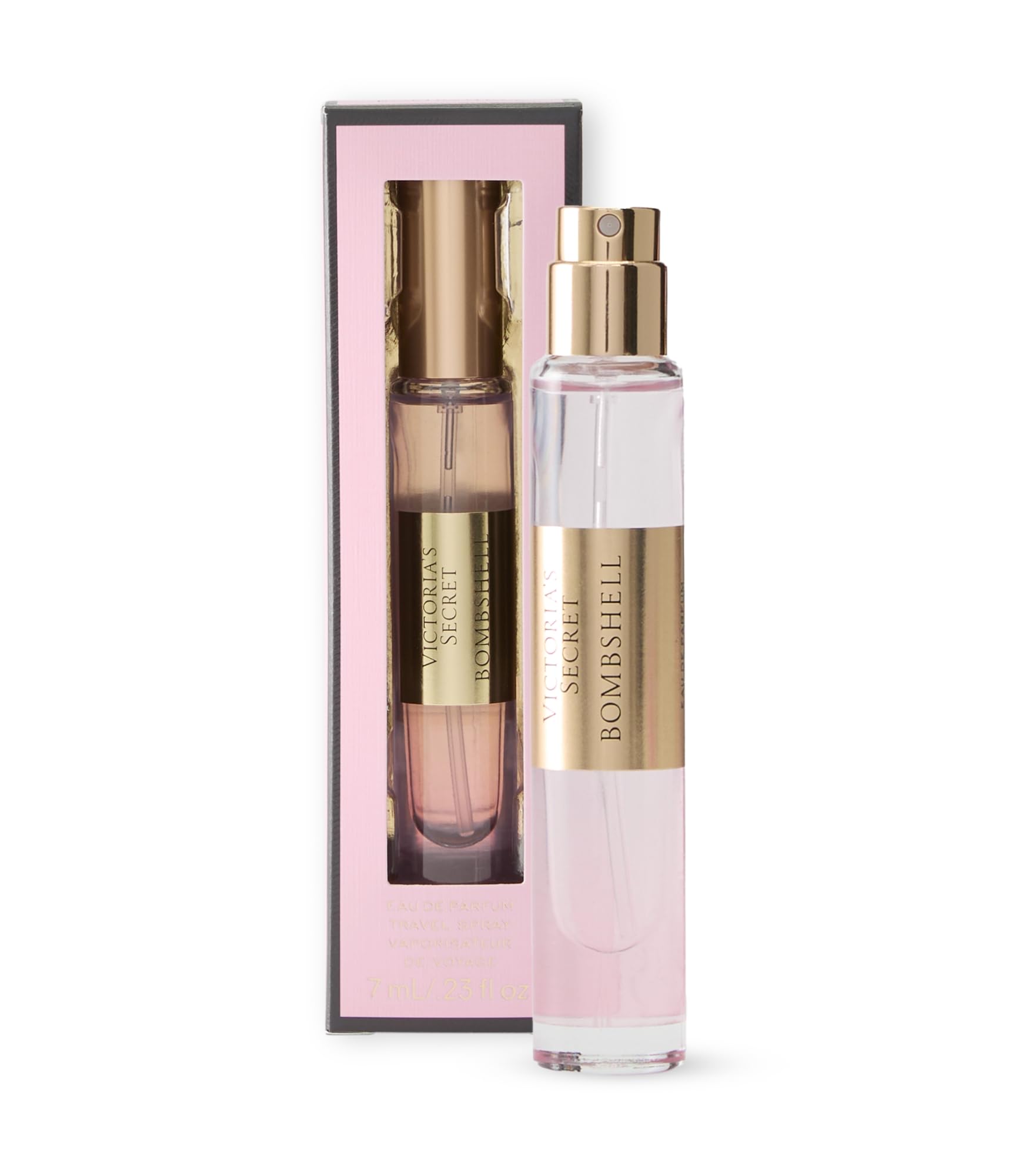 Victoria's Secret Bombshell travel spray front view shows compact bottle and easy packing