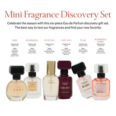 Victoria's Secret close-up of Bombshell mini bottle highlighting design and notes benefit: clear label and detail