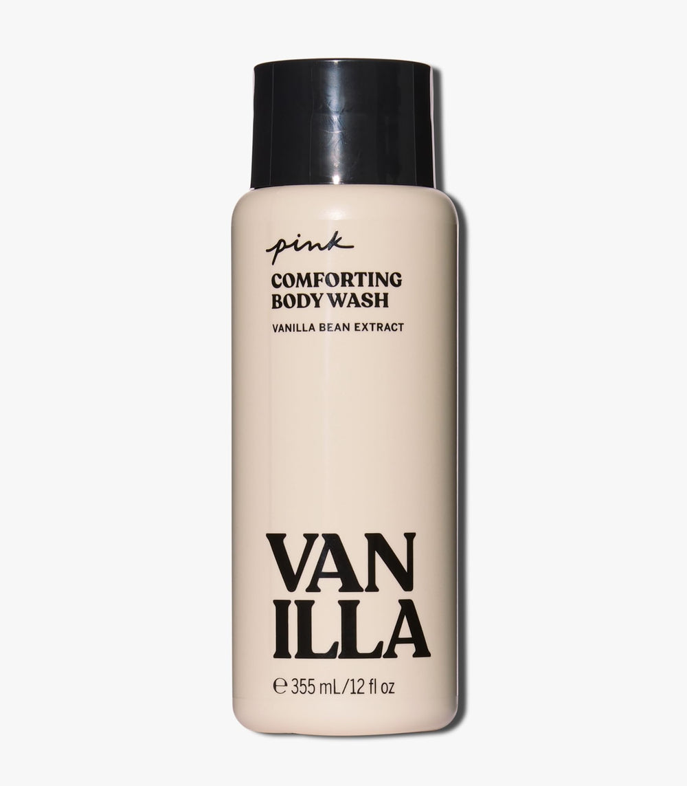 Victoria's Secret Pink label closeup displaying vanilla scent and ingredient highlights