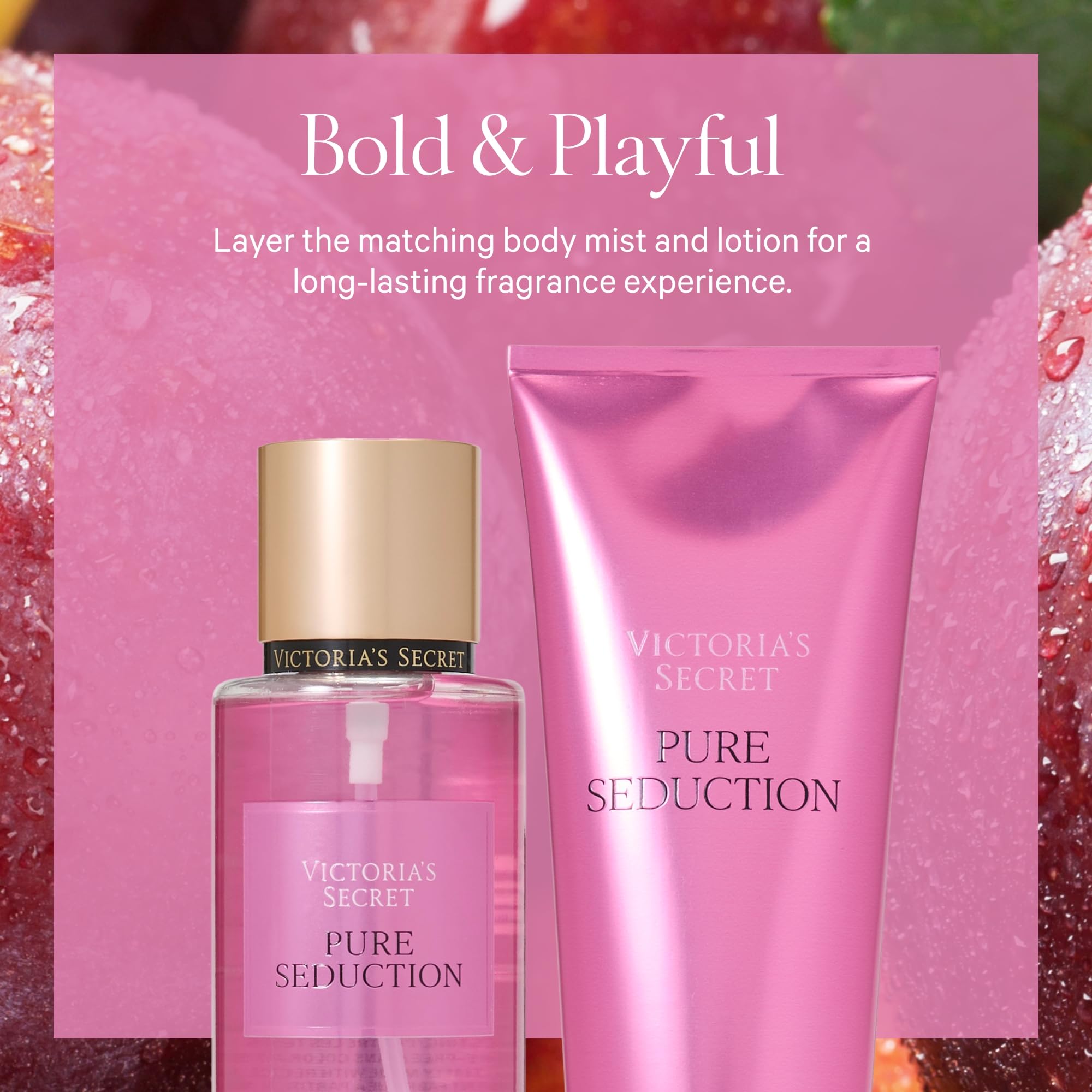 Victoria's Secret mist next to matching lotion to extend fragrance longevity