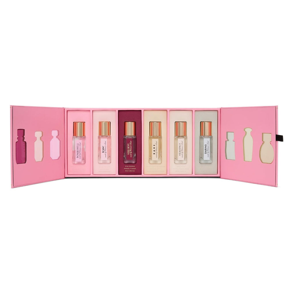 Victoria's Secret minis next to a purse showing portable travel-friendly benefit