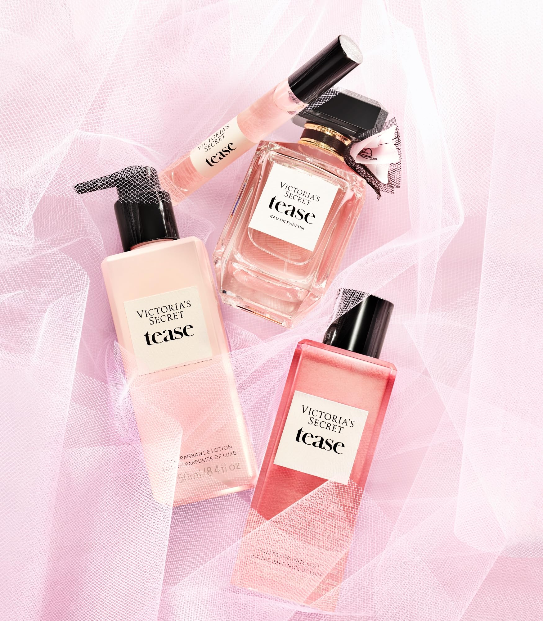 Victoria's Secret Tease with pear and gardenia visuals highlighting notes and fragrant warmth benefit