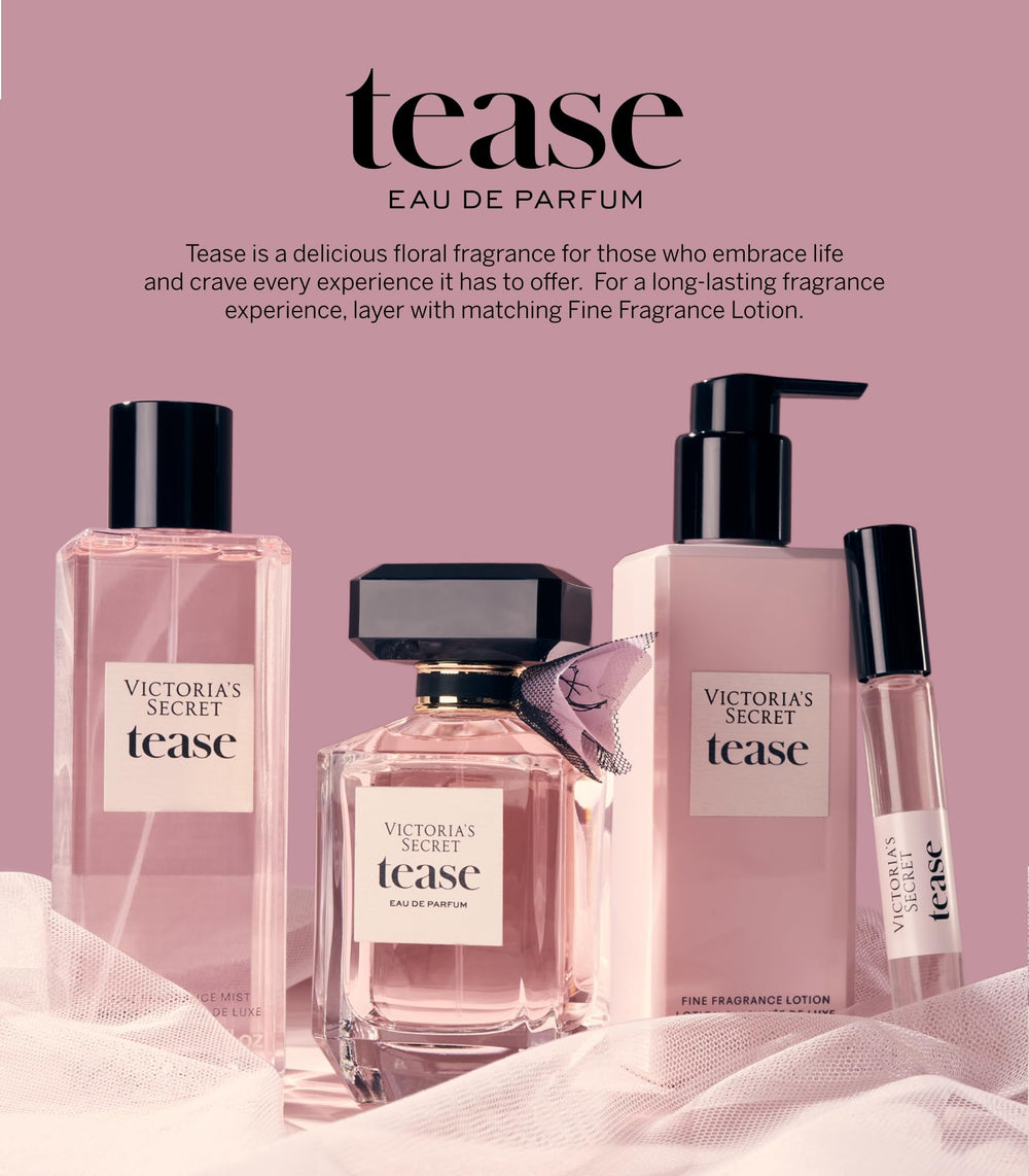 Victoria's Secret Tease beside passport and keys for scale showing TSA-friendly size benefit portability