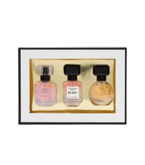 Victoria's Secret front view of 3 mini eau de parfum set showing all bottles and packaging, convenient gift
