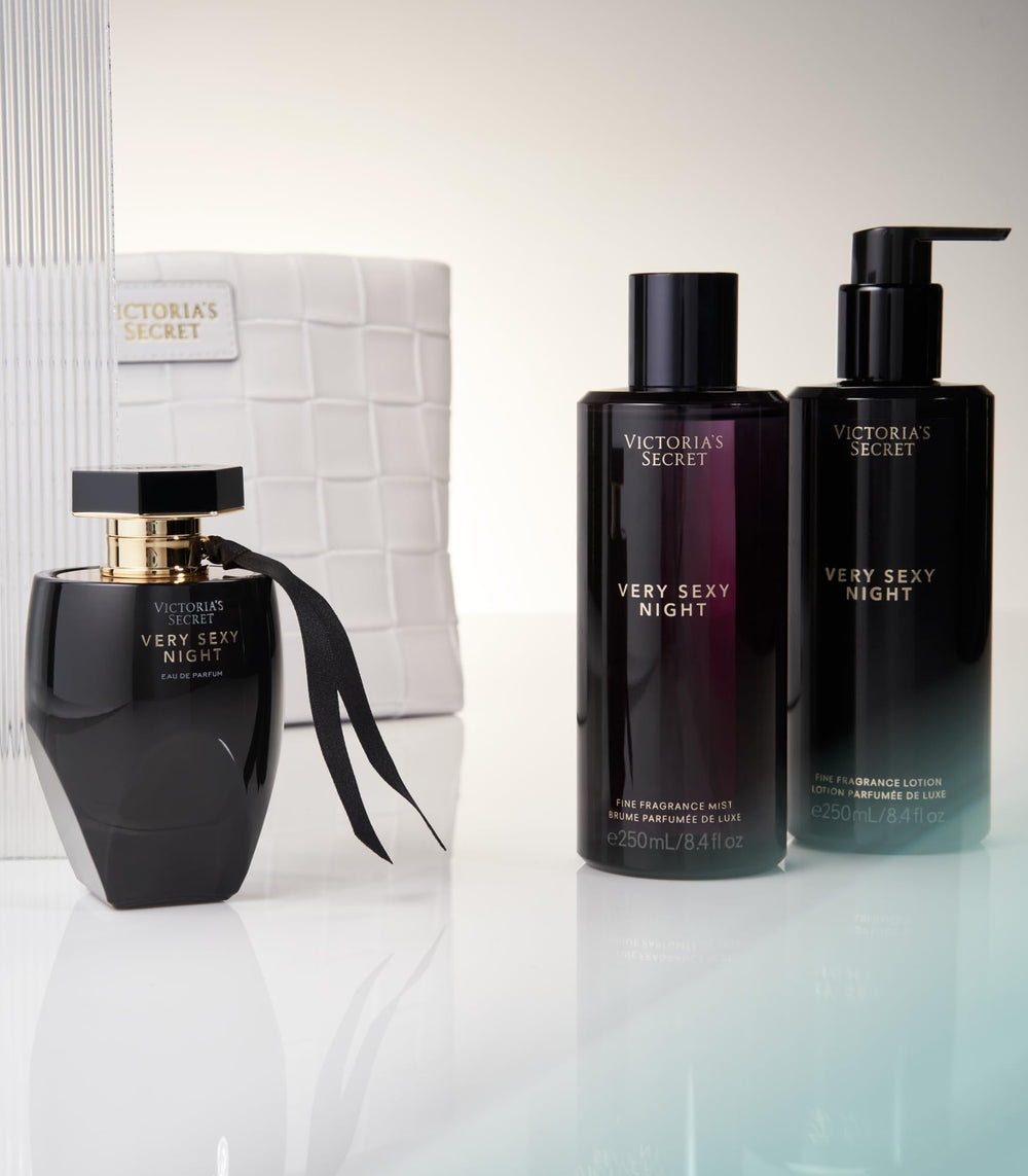 Victoria's Secret bottle on a vanity suggesting evening-ready scent layering