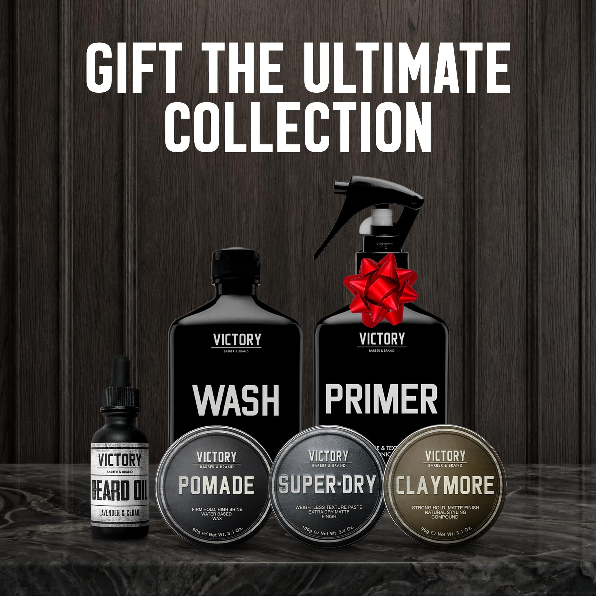 Victory Barber & Brand on bathroom vanity beside grooming tools for daily routine