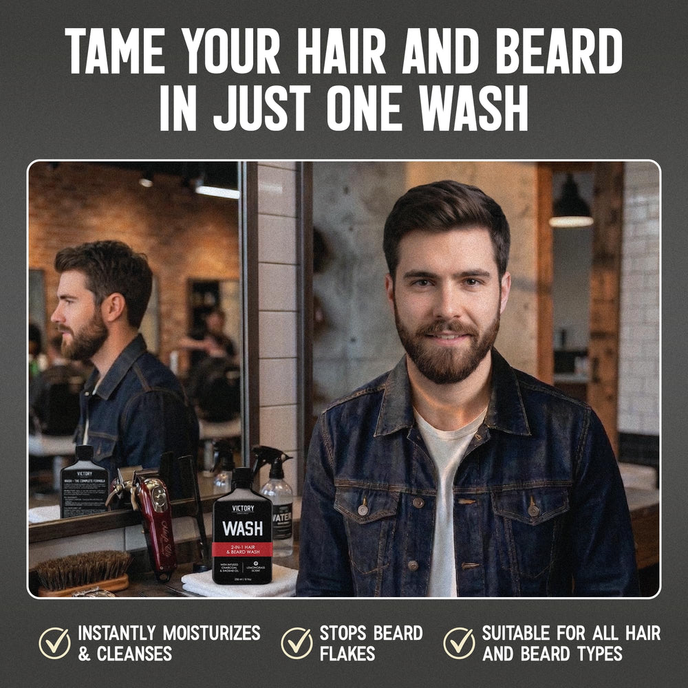 Victory Barber & Brand pump dispensing foam demonstrating easy application benefit