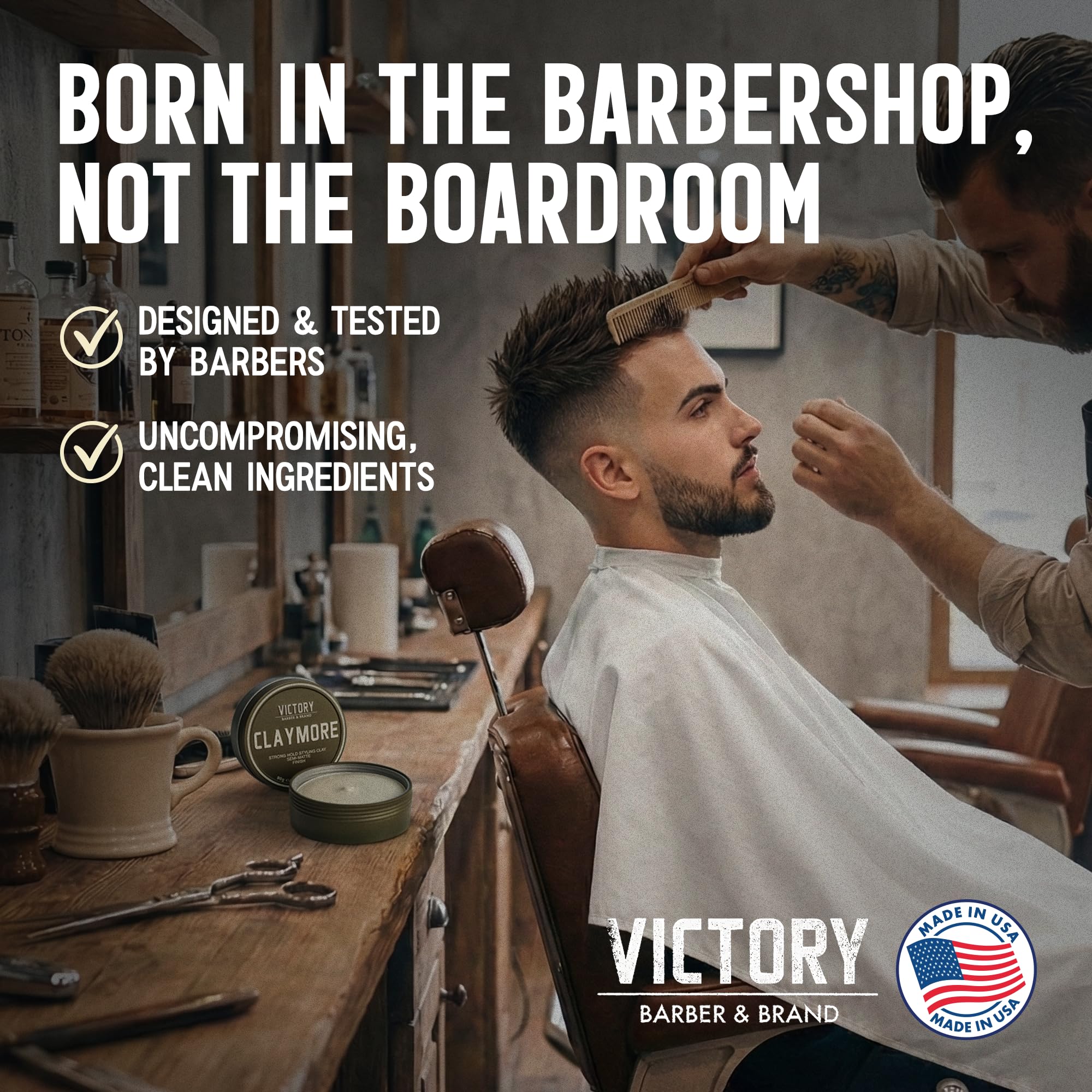 Victory Barber & Brand barber applying clay illustrating professional styling control