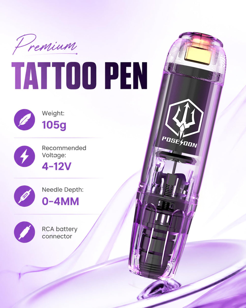 Vidattx POSEIDON tattoo pen close-up highlighting ergonomic grip and control
