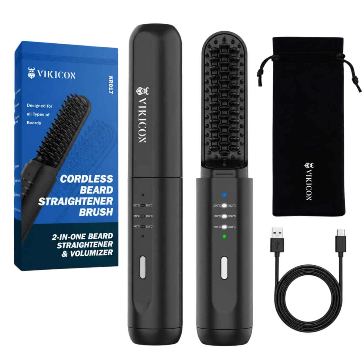 VIKICON front view of beard straightener showing compact cordless design and portability