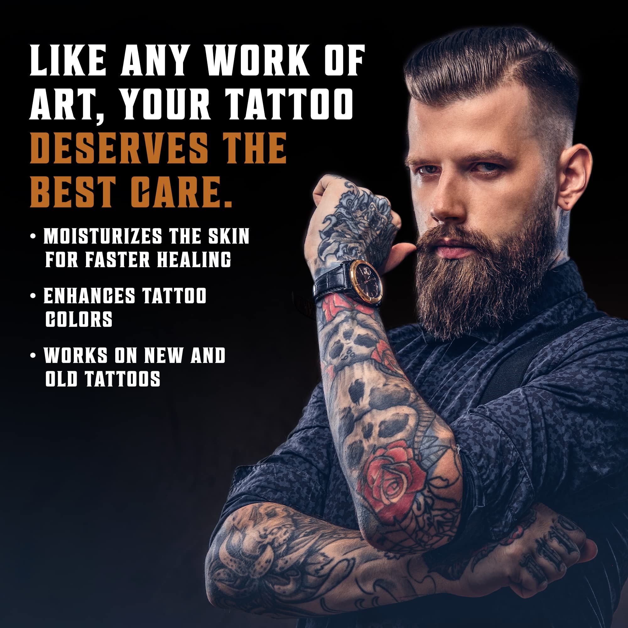 Viking Revolution balm being applied to hand to soothe fresh tattoo and reduce dryness