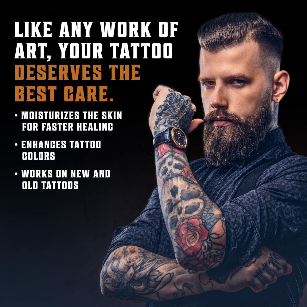 Viking Revolution balm being applied to hand to soothe fresh tattoo and reduce dryness