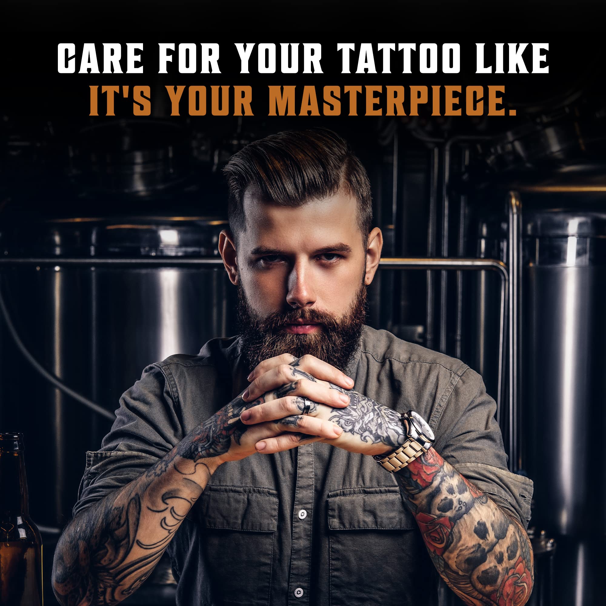 Viking Revolution jar placed near tattoo artist tools to suggest professional-friendly aftercare