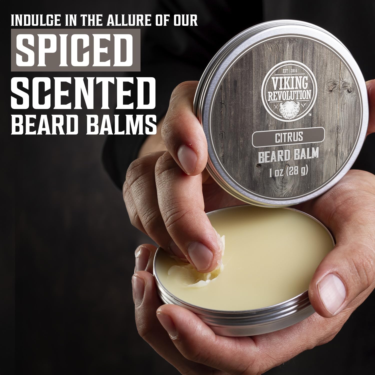 viking revolution applied to a trimmed beard in lifestyle shot, demonstrates natural hold benefit