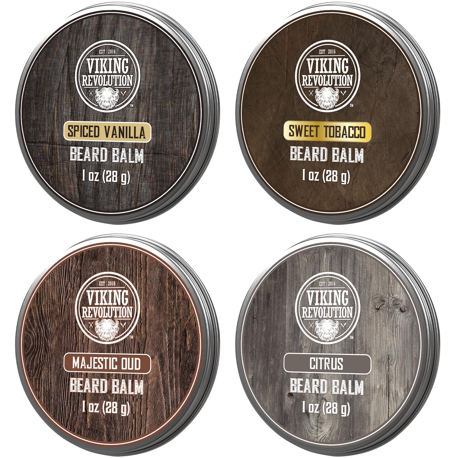 viking revolution front packaging showing four balm tins and scent names, travel-ready benefit