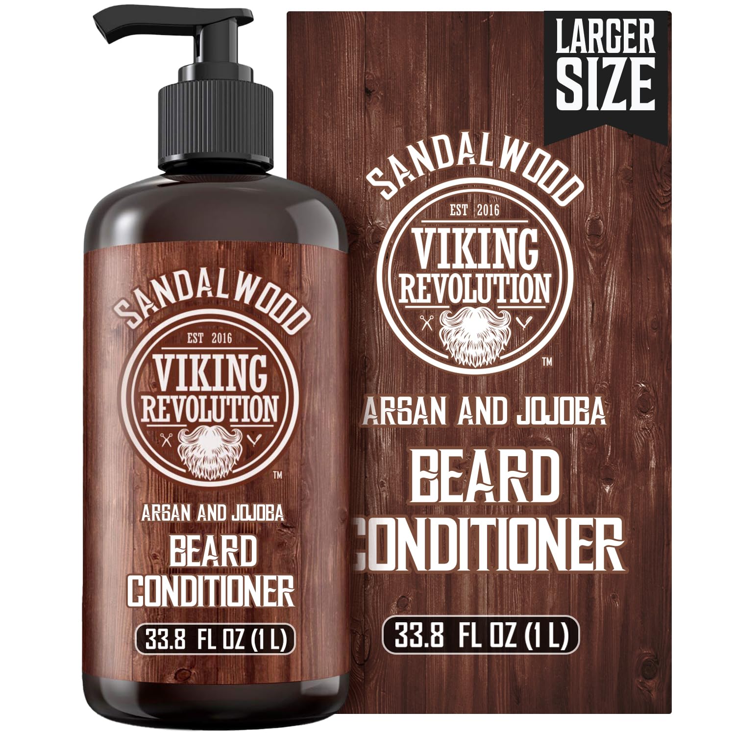 Viking Revolution front bottle showing sandalwood conditioner and easy application benefit