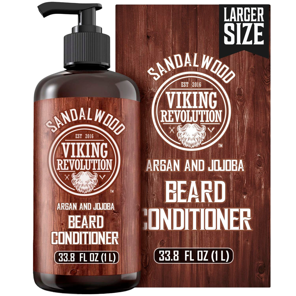 Viking Revolution front bottle showing sandalwood conditioner and easy application benefit