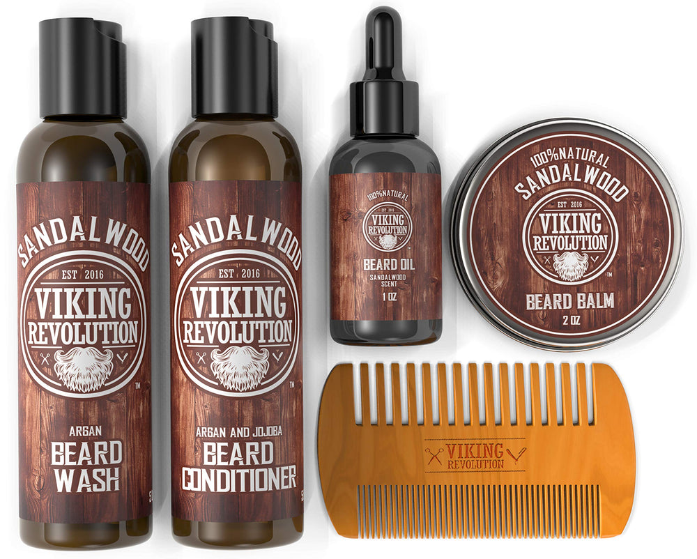 Viking Revolution beard wash, conditioner, balm and oil lined up, easy daily routine
