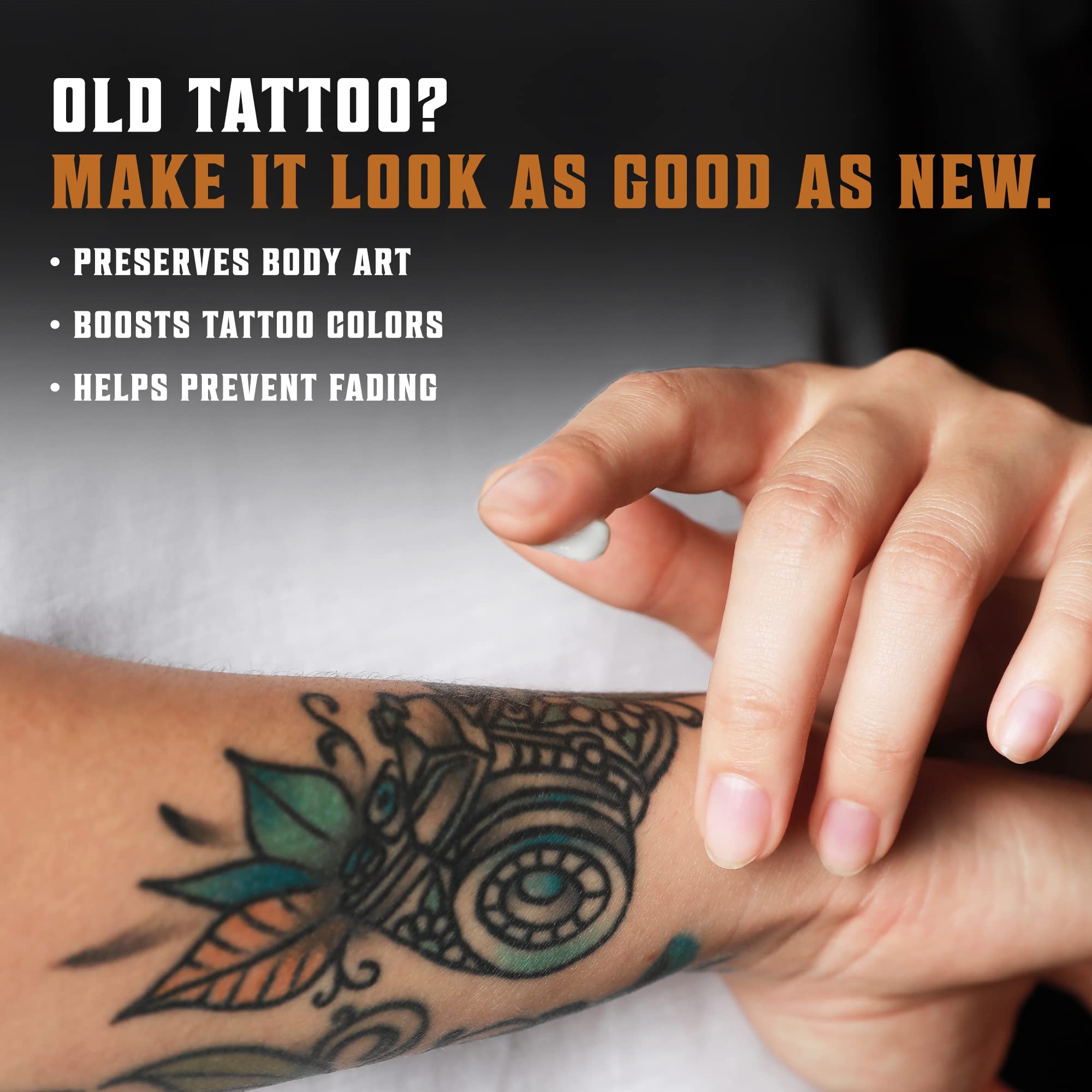 Viking Revolution close-up on healed tattoo skin after balm use showing improved softness