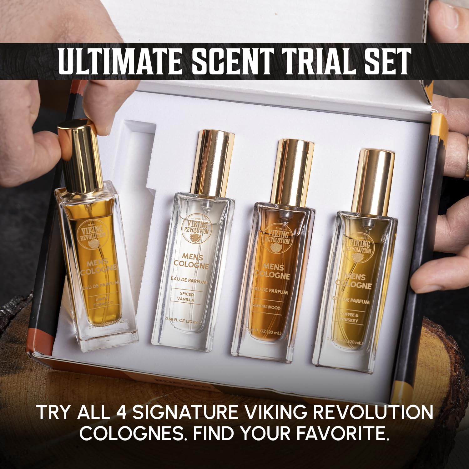 Viking Revolution four bottles lined up to display scent variety and easy selection benefit