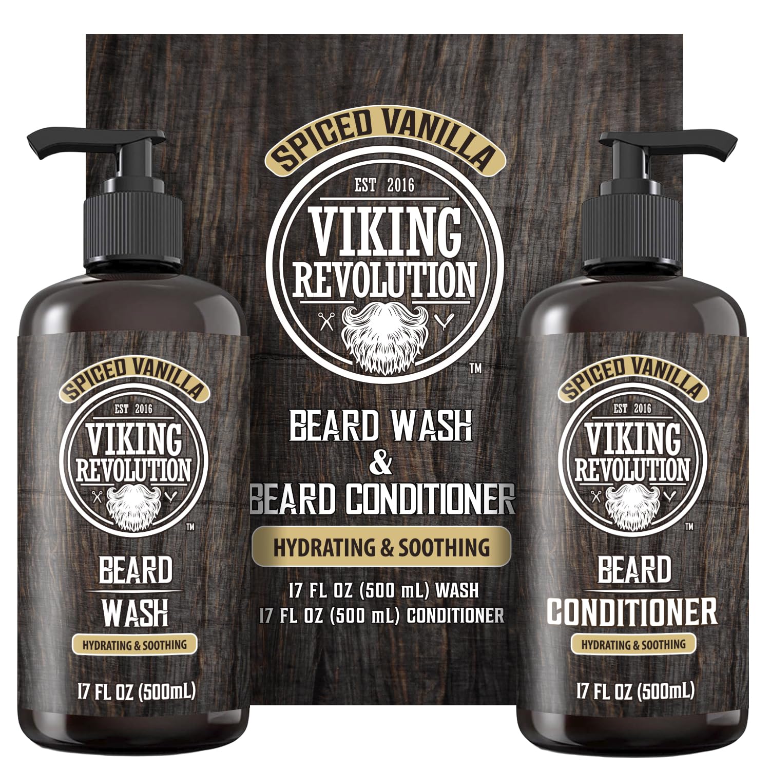 Viking Revolution front packaging showing full beard care set and benefits
